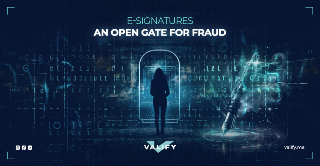 A Human standing infront of a gate with a large pen beside him and codes scattered everywhere with the tov reading 'E-signatures: An Open Gate for Fraud'