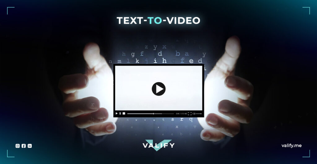a hand holding a computer with a video paused on it and a text in the background with the tov 'Text-to-video'.