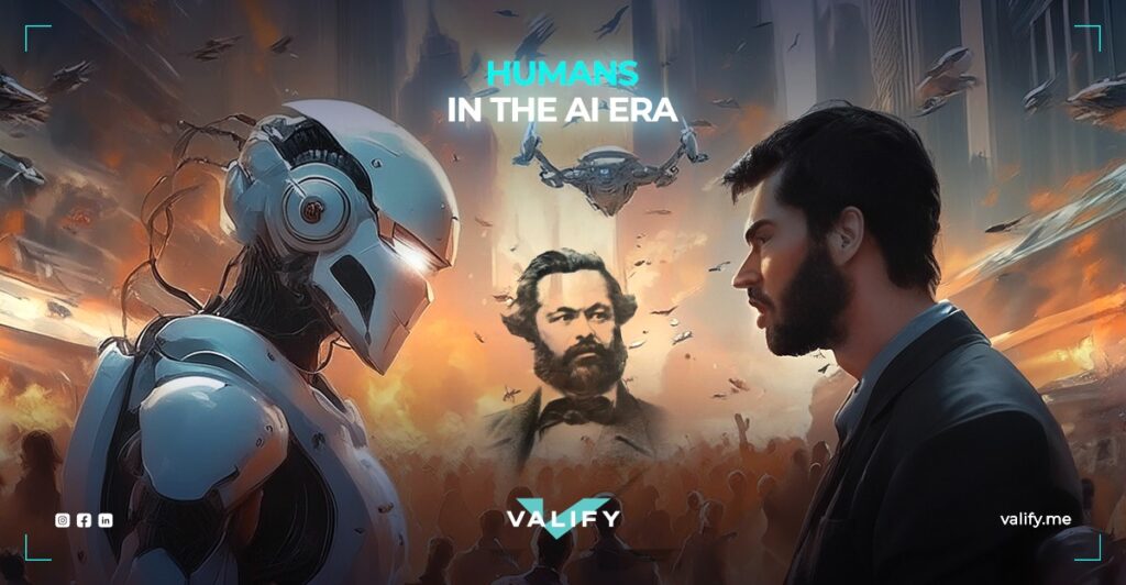 Human and a robot in a war and Karl Marx watching them.